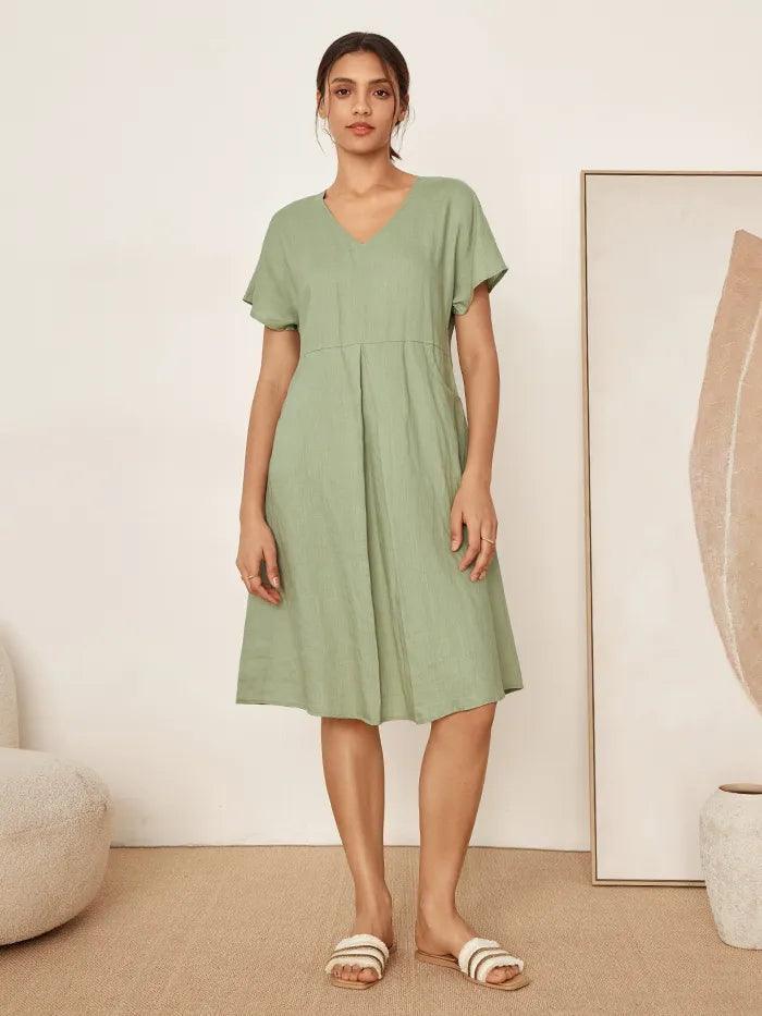Élodie™ | Robe midi en lin à col en V