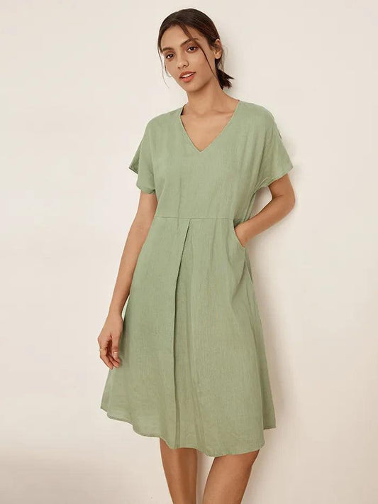 Élodie™ | Robe midi en lin à col en V