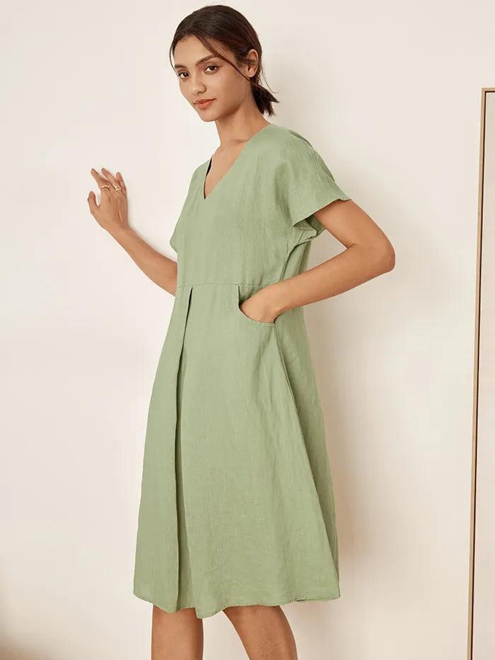 Élodie™ | Robe midi en lin à col en V