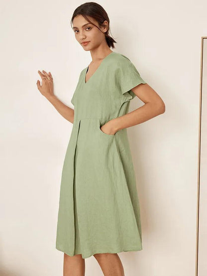 Élodie™ | Robe midi en lin à col en V