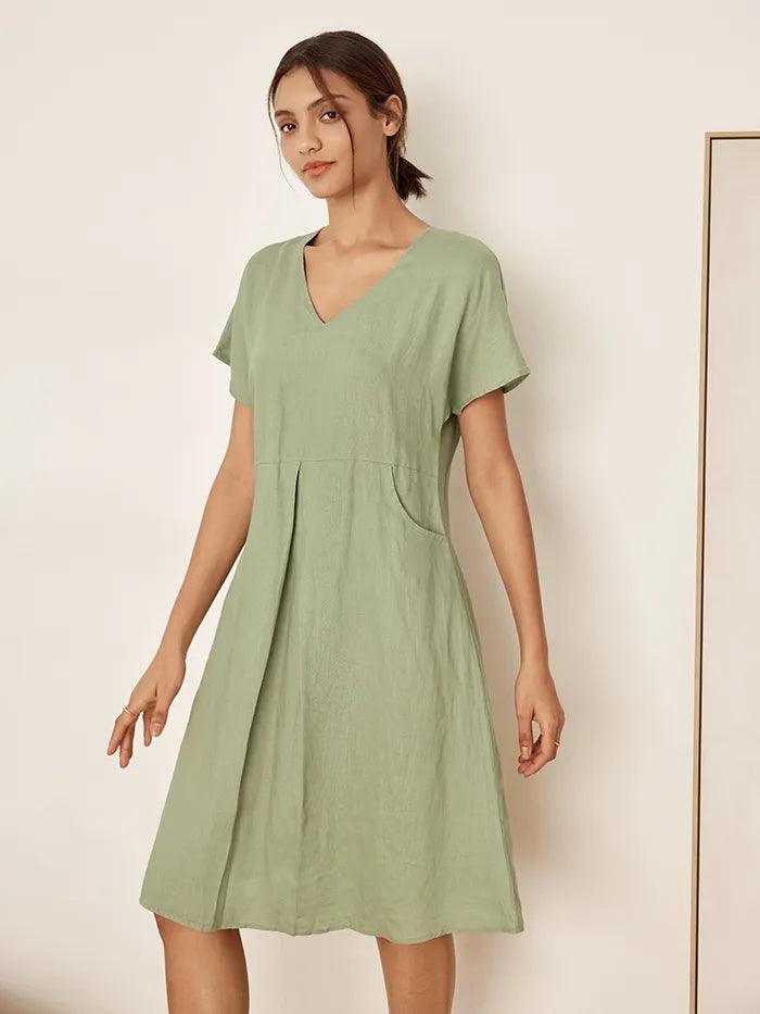 Élodie™ | Robe midi en lin à col en V