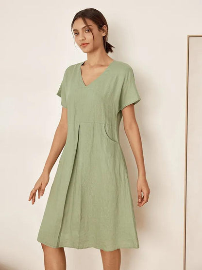Élodie™ | Robe midi en lin à col en V