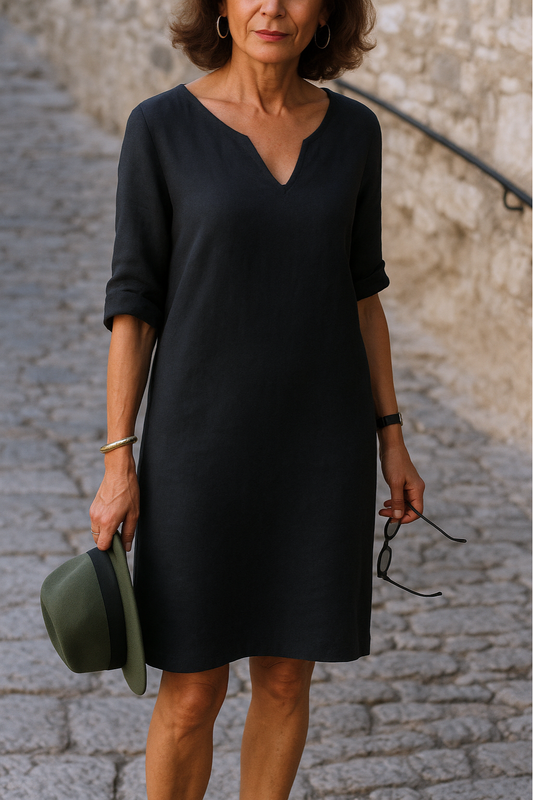 Pamela™ | Robe Droite en Lin Col Fendu