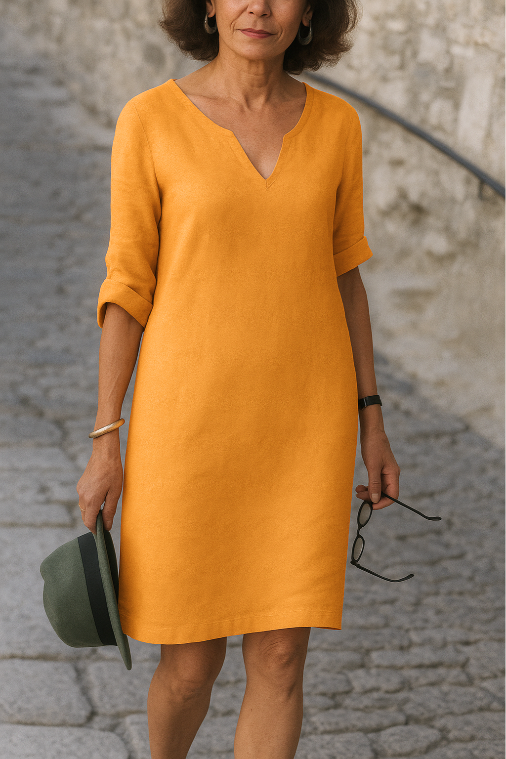 Pamela™ | Robe Droite en Lin Col Fendu