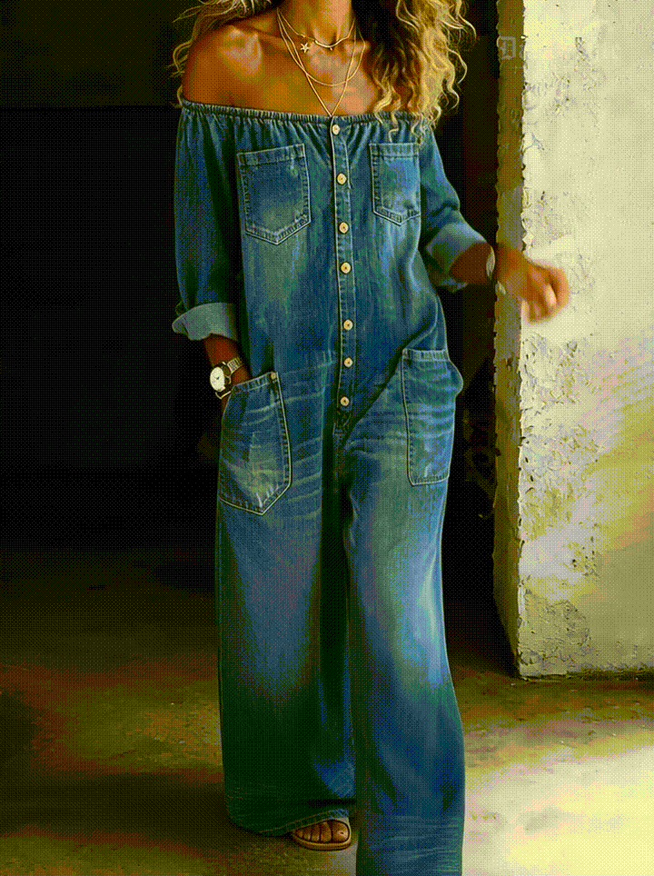 Elaine™ | Combinaison Denim Épaules Dénudées