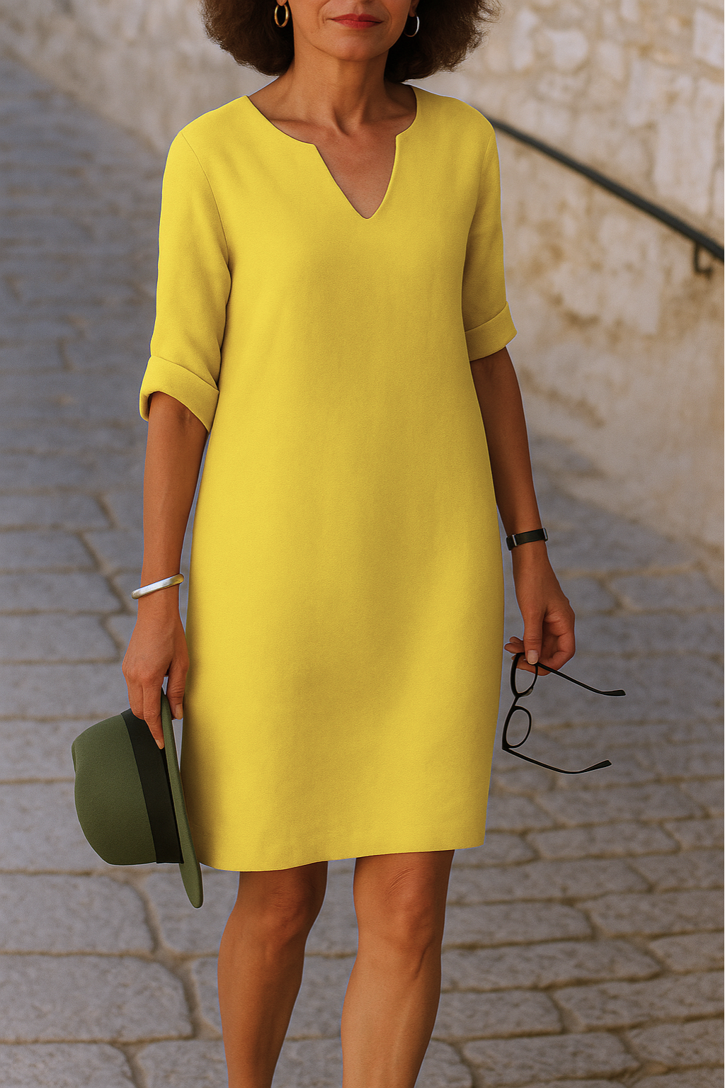 Pamela™ | Robe Droite en Lin Col Fendu