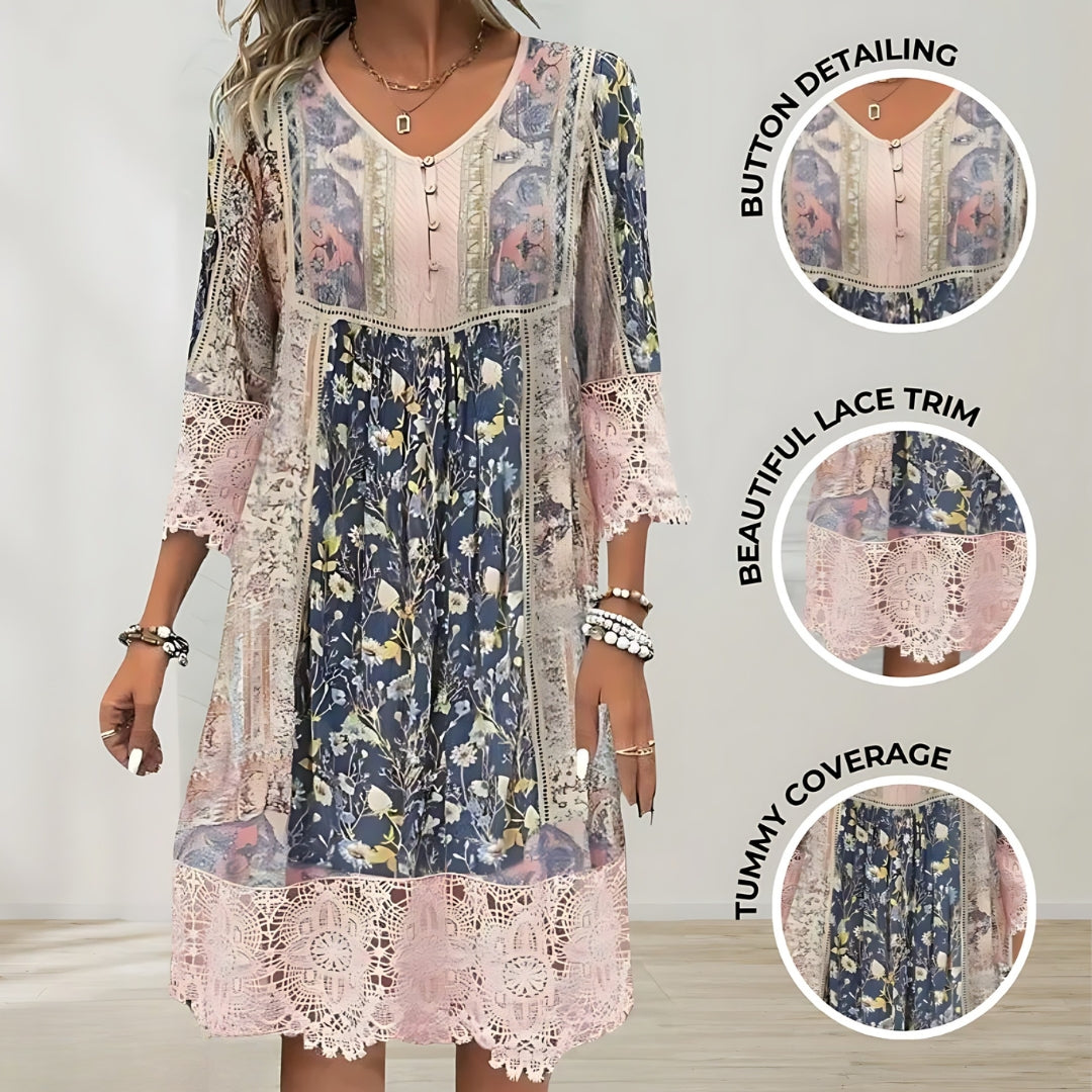 Naya™ | Robe Mi-Longue Patchwork Dentelle