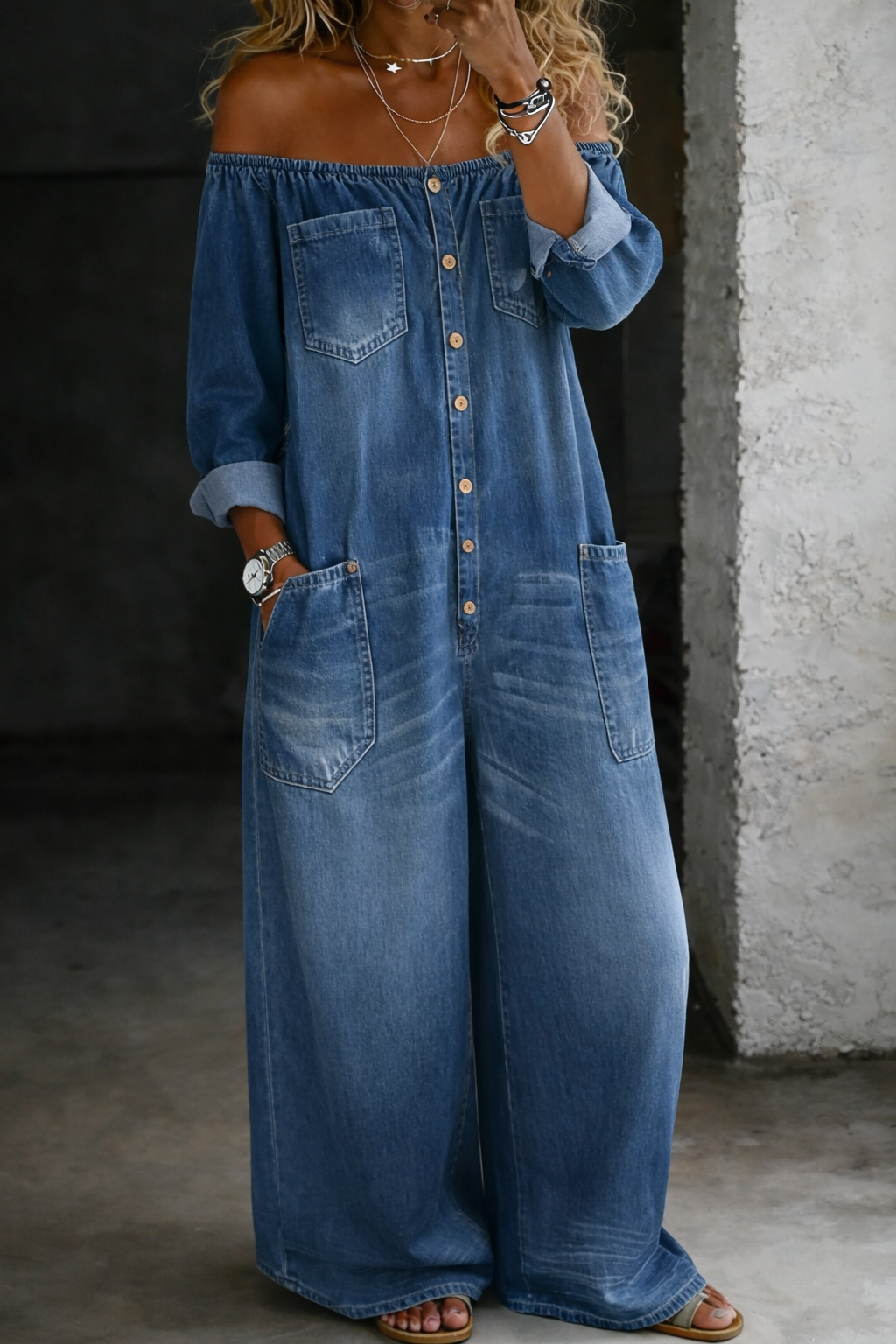 Elaine™ | Combinaison Denim Épaules Dénudées