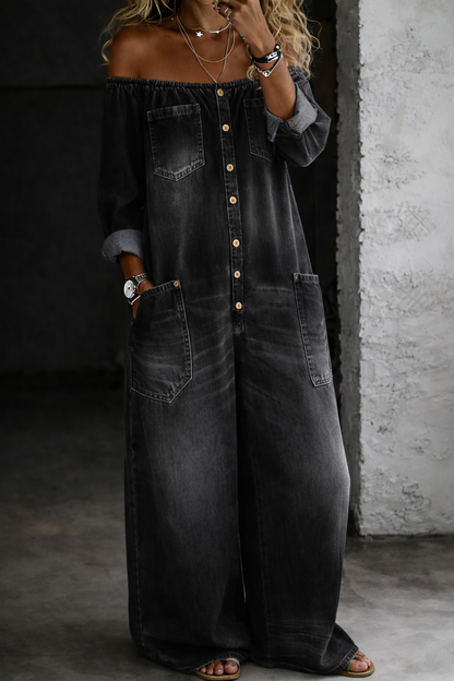 Elaine™ | Combinaison Denim Épaules Dénudées