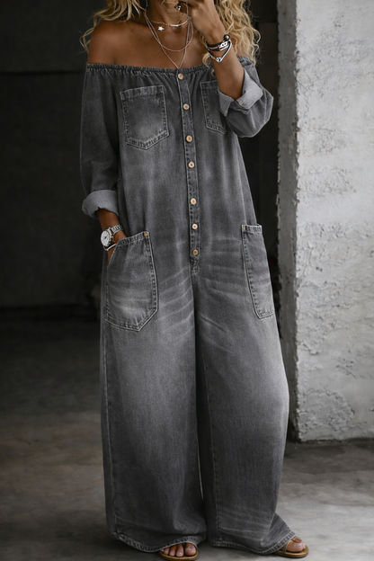 Elaine™ | Combinaison Denim Épaules Dénudées