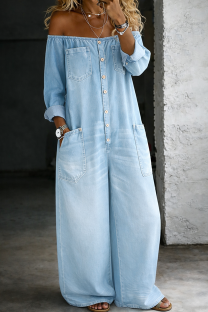 Elaine™ | Combinaison Denim Épaules Dénudées