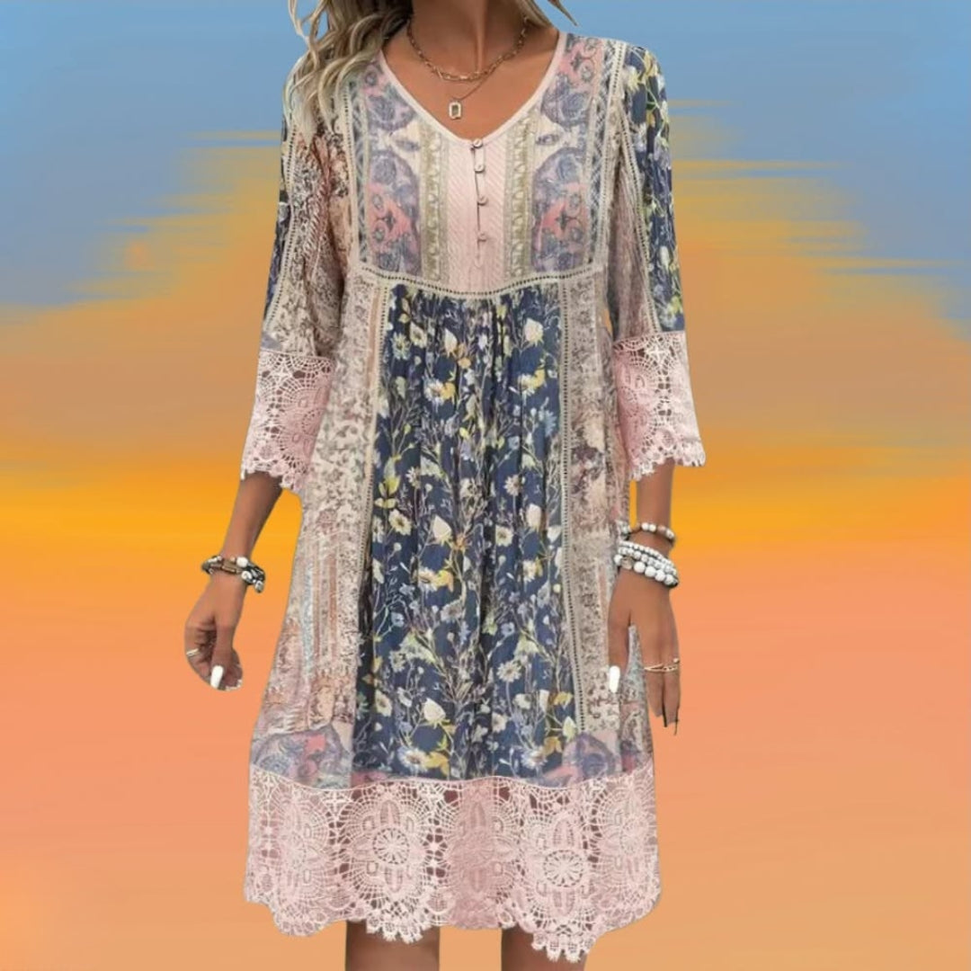Naya™ | Robe Mi-Longue Patchwork Dentelle